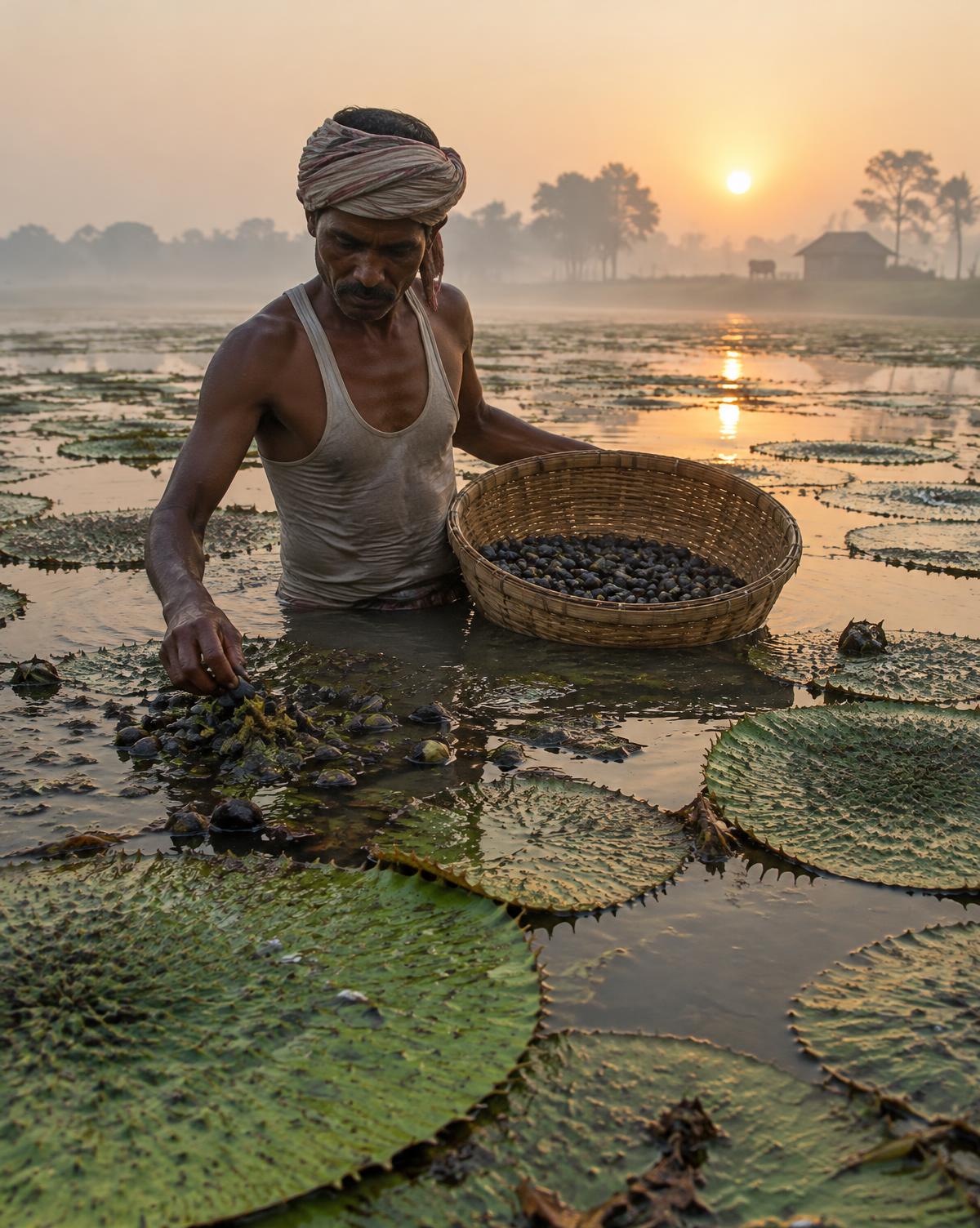 Harvesting fox nuts from a Bihar lotus pond at dawn